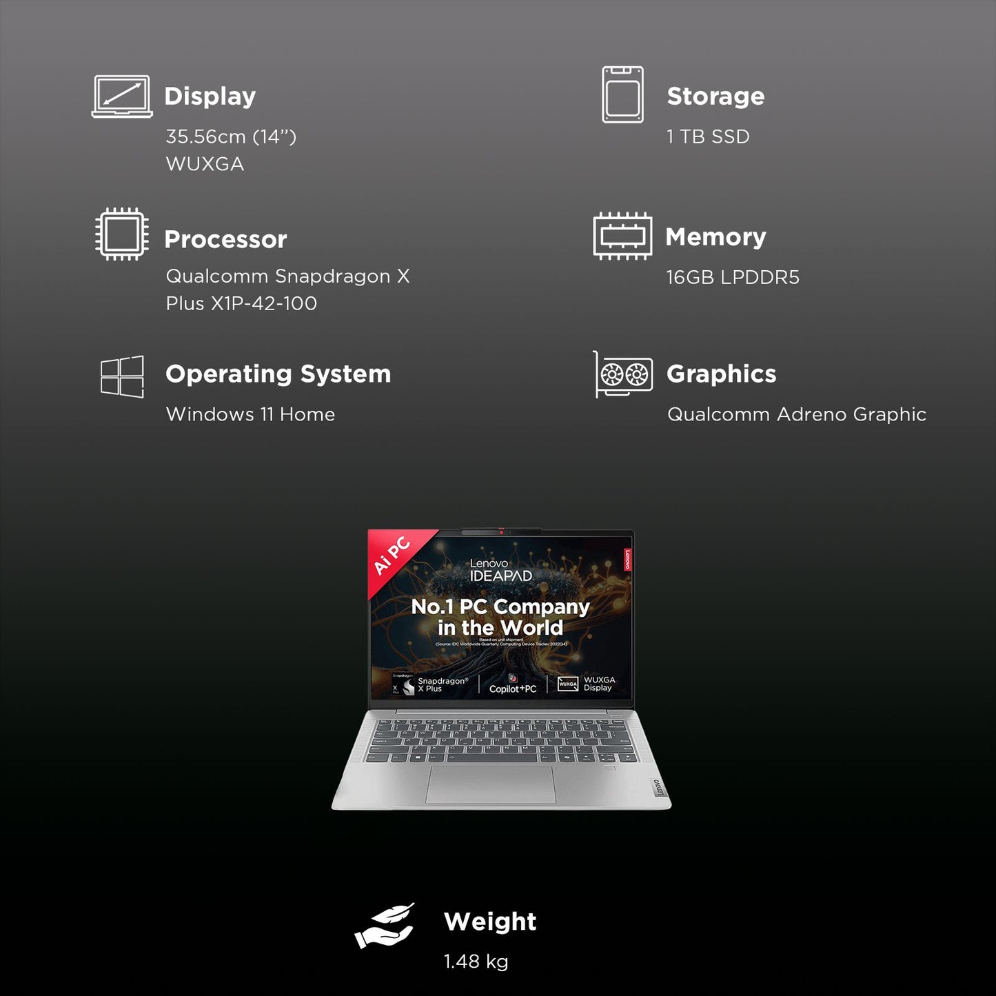 Lenovo IdeaPad Slim 5 14Q8X9 Qualcomm Snapdragon X Plus Thin & Light Laptop (16GB, 1TB SSD, Windows 11 Home, 14 inch WUXGA IPS Display, MS Office Home 2024, Cloud Grey, 1.48 KG)