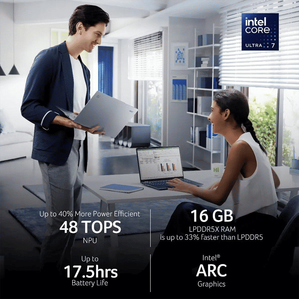 acer Swift 14 AI SF14-51 Intel Core Ultra 7 Thin & Light Laptop (16GB, 1TB SSD, Windows 11 Home, 14 inch OLED WUXGA Display, MS Office, Steam Blue, 1.28 KG)
