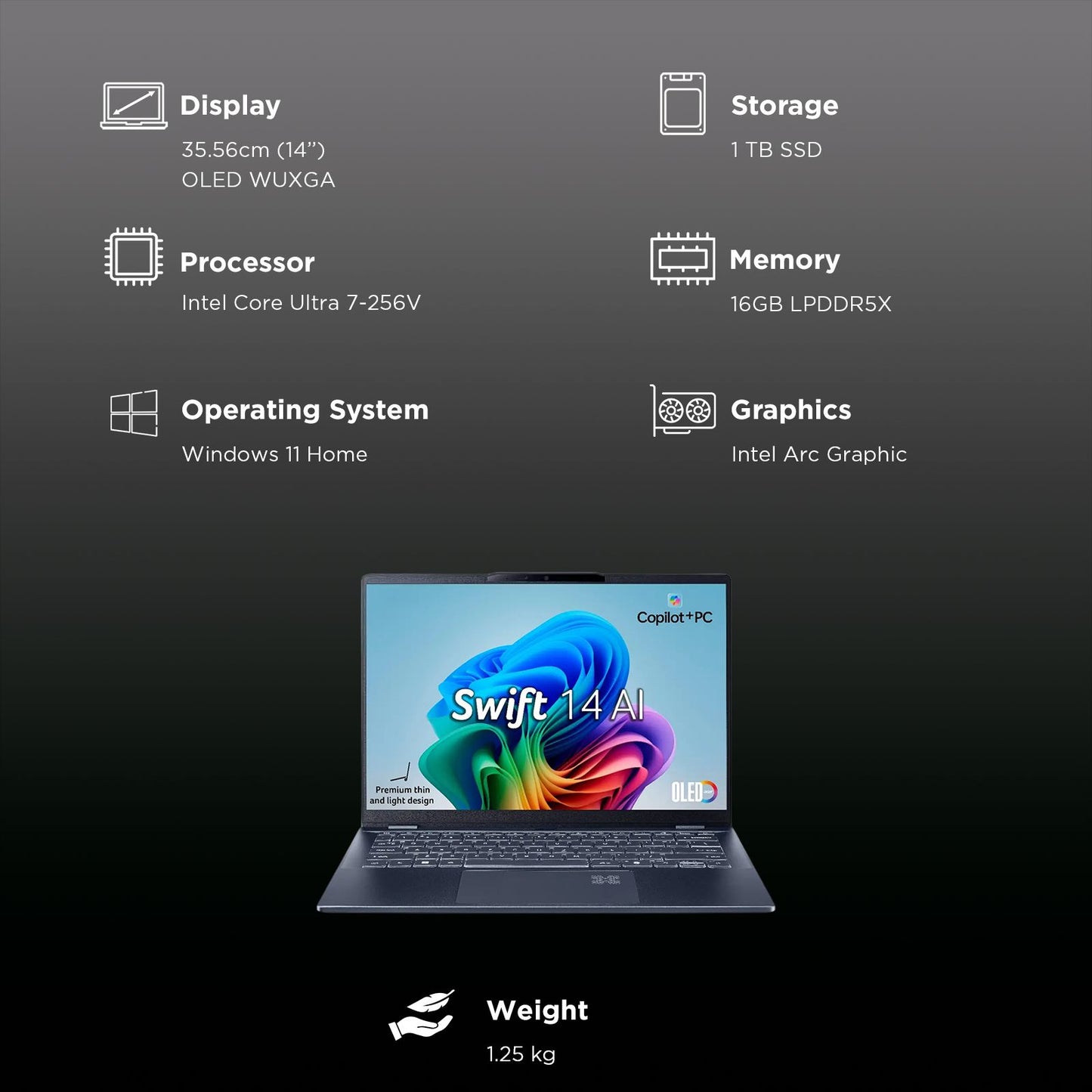 acer Swift 14 AI SF14-51 Intel Core Ultra 7 Thin & Light Laptop (16GB, 1TB SSD, Windows 11 Home, 14 inch OLED WUXGA Display, MS Office, Steam Blue, 1.28 KG)
