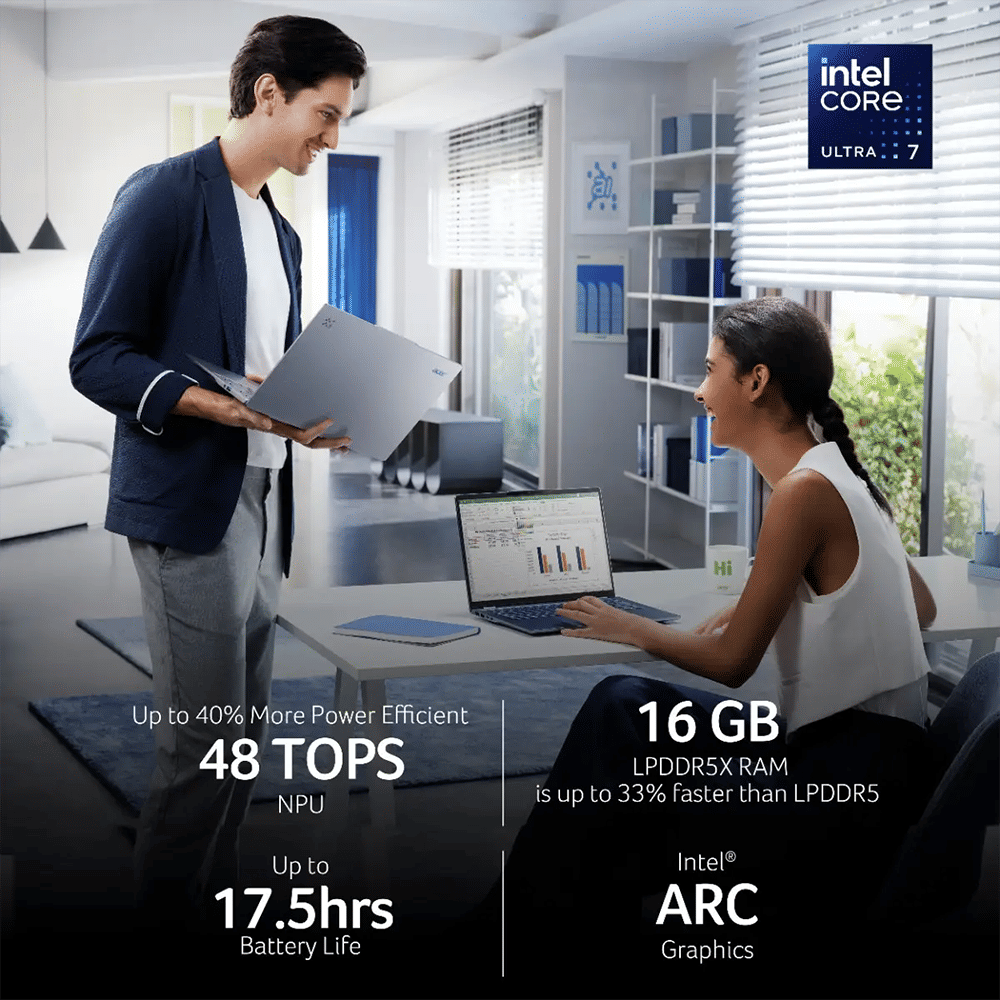 acer Swift 14 AI SF14-51 Intel Core Ultra 7 Thin & Light Laptop (16GB, 1TB SSD, Windows 11 Home, 14 inch OLED WUXGA Display, MS Office, Steam Blue, 1.28 KG)