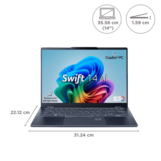 acer Swift 14 AI SF14-51 Intel Core Ultra 5 Thin & Light Laptop (16GB, 512GB SSD, Windows 11 Home, 14 inch OLED WUXGA Display, MS Office, Steam Blue, 1.25 KG)