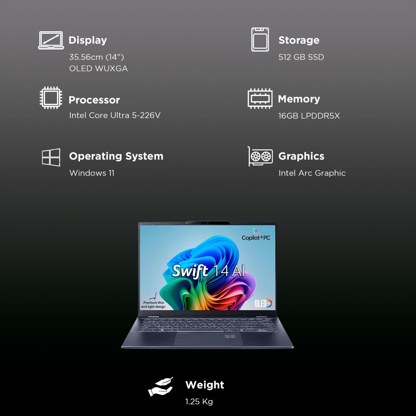acer Swift 14 AI SF14-51 Intel Core Ultra 5 Thin & Light Laptop (16GB, 512GB SSD, Windows 11 Home, 14 inch OLED WUXGA Display, MS Office, Steam Blue, 1.25 KG)