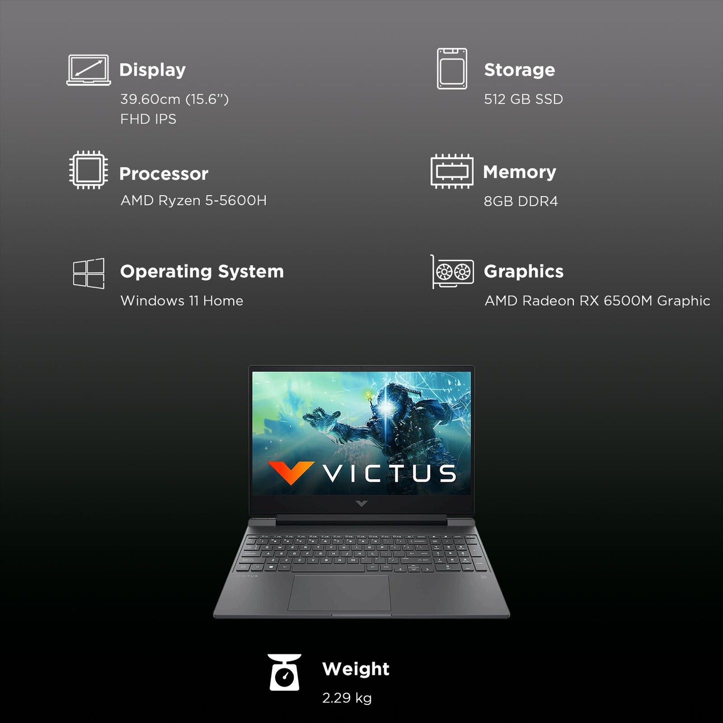 HP Victus 15-fb0185AX AMD Ryzen 5-5600H Gaming Laptop (8GB, 512GB SSD, Windows 11 Home, 4GB Graphics, 15.6 inch 144 Hz Full HD IPS Display, AMD Radeon RX 6500M, MS Office & Home 2021, Mica Silver, 2.29 KG)