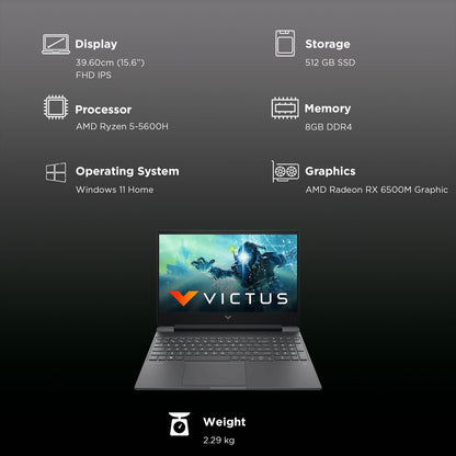 HP Victus 15-fb0185AX AMD Ryzen 5-5600H Gaming Laptop (8GB, 512GB SSD, Windows 11 Home, 4GB Graphics, 15.6 inch 144 Hz Full HD IPS Display, AMD Radeon RX 6500M, MS Office & Home 2021, Mica Silver, 2.29 KG)