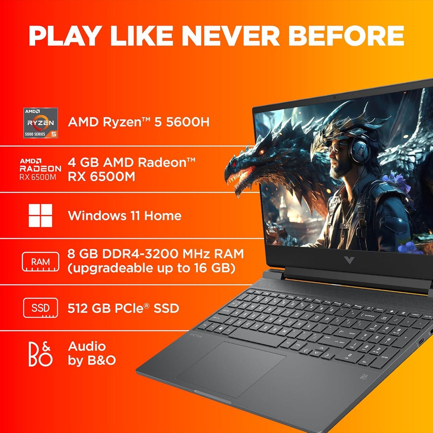 HP Victus 15-fb0185AX AMD Ryzen 5-5600H Gaming Laptop (8GB, 512GB SSD, Windows 11 Home, 4GB Graphics, 15.6 inch 144 Hz Full HD IPS Display, AMD Radeon RX 6500M, MS Office & Home 2021, Mica Silver, 2.29 KG)