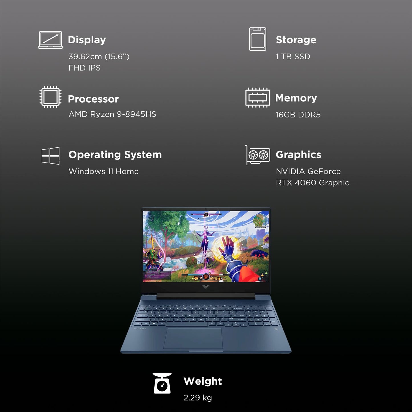 HP Victus 15-fb3025AX AMD Ryzen 9 Gaming Laptop (16GB, 1TB SSD, Windows 11 Home, 8GB Graphics, 15.6 inch 144 Hz Full HD IPS Display, NVIDIA GeForce RTX 4060, MS Ofice Home 2024, Performance Blue, 2.29 KG)