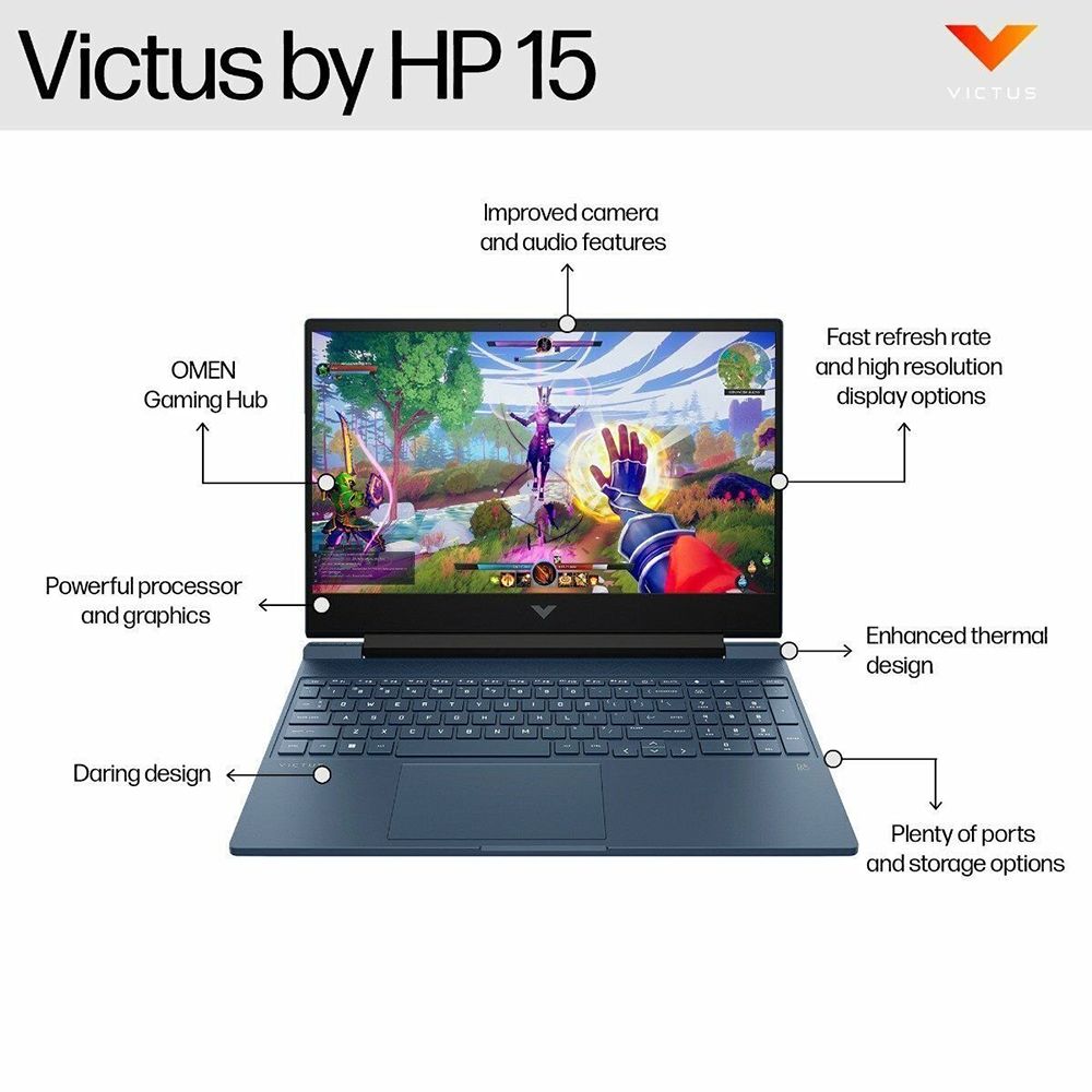 HP Victus 15-fb3025AX AMD Ryzen 9 Gaming Laptop (16GB, 1TB SSD, Windows 11 Home, 8GB Graphics, 15.6 inch 144 Hz Full HD IPS Display, NVIDIA GeForce RTX 4060, MS Ofice Home 2024, Performance Blue, 2.29 KG)