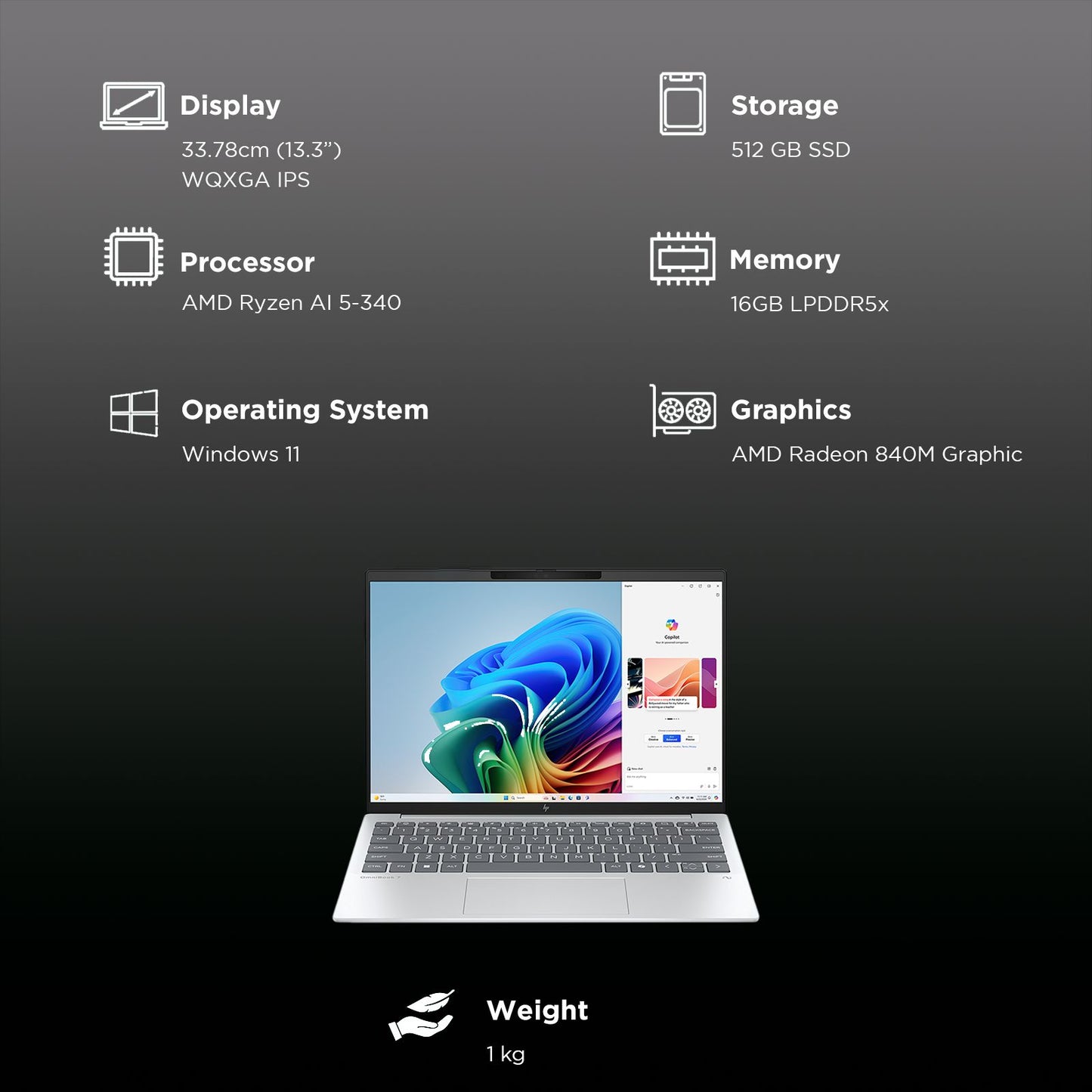 HP OmniBook 7 13-bg1678AU AMD Ryzen 5 Thin & Light Laptop (16GB, 512GB SSD, Windows 11 Home, 13.3 inch WQXGA IPS Display, MS Office Home 2024, Glacier Silver, 1 KG)