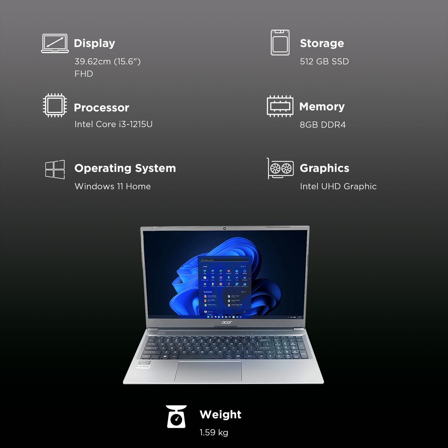 acer Aspire Lite AL15-52 Intel Core i3 12th Gen Thin & Light Laptop (8GB RAM, 512GB SSD, Windows 11 Home, 15.6 inch Full HD Display, MS Office, Steel Gray, 1.59 KG)