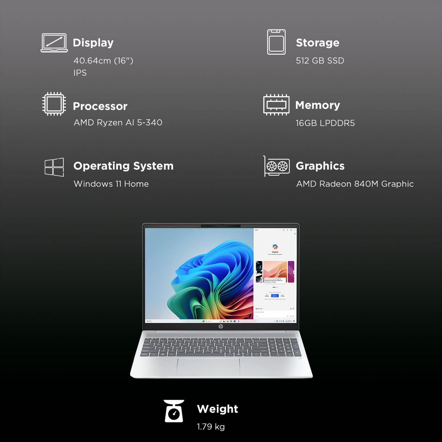 HP OmniBook 5 16-ag1037AU AMD Ryzen AI 5 Thin & Light Laptop (16GB, 512GB SSD, Windows 11 Home, 16 inch 2K IPS Display, MS Office Home 2024, Glacier Silver, 1.79 KG)