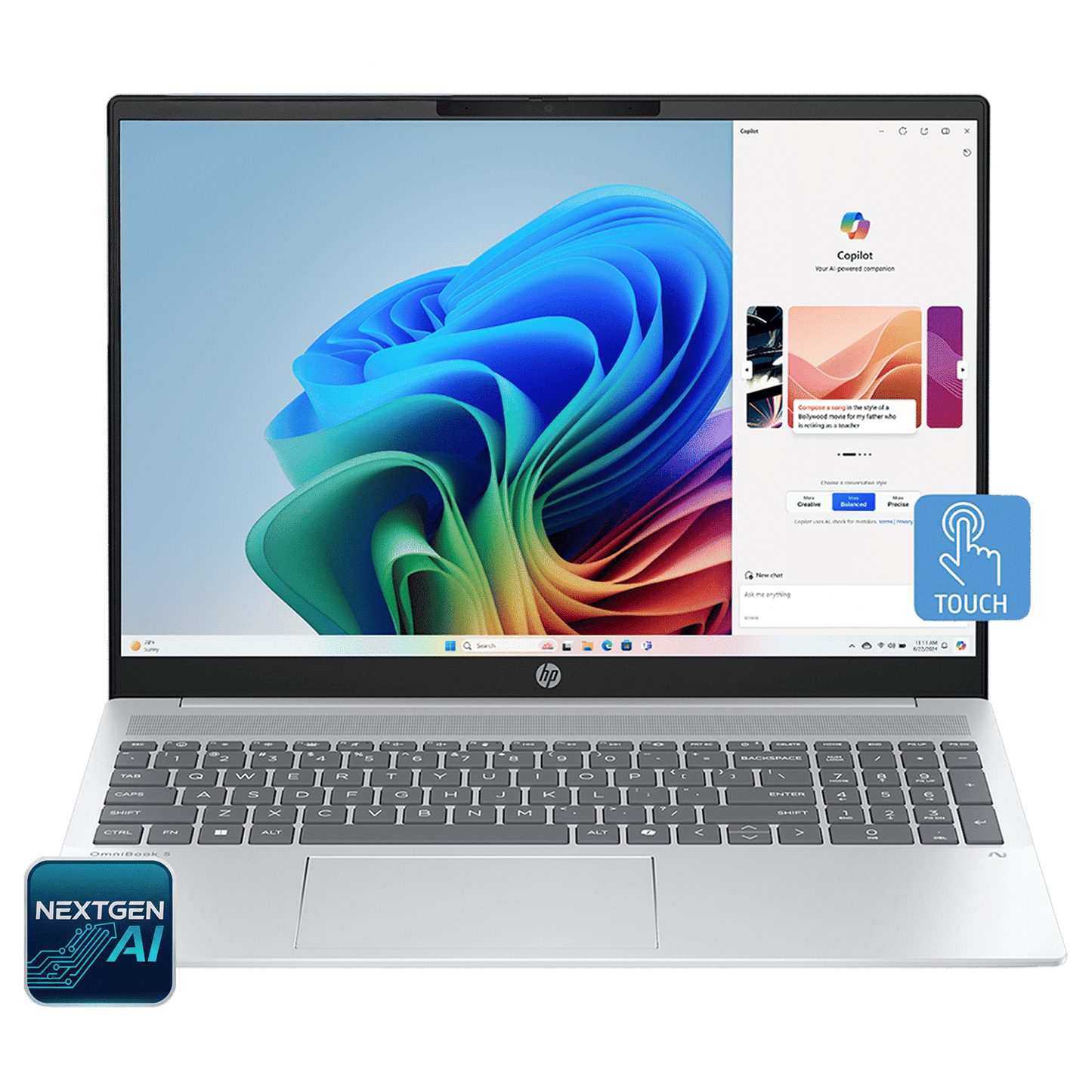 HP OmniBook 5 16-ag1048AU AMD Ryzen AI 7 Touchscreen Thin & Light Laptop (16GB, 512GB SSD, Windows 11 Home, 16 inch 2K IPS Display, MS Office Home 2024, Glacier Silver, 1.79 KG)
