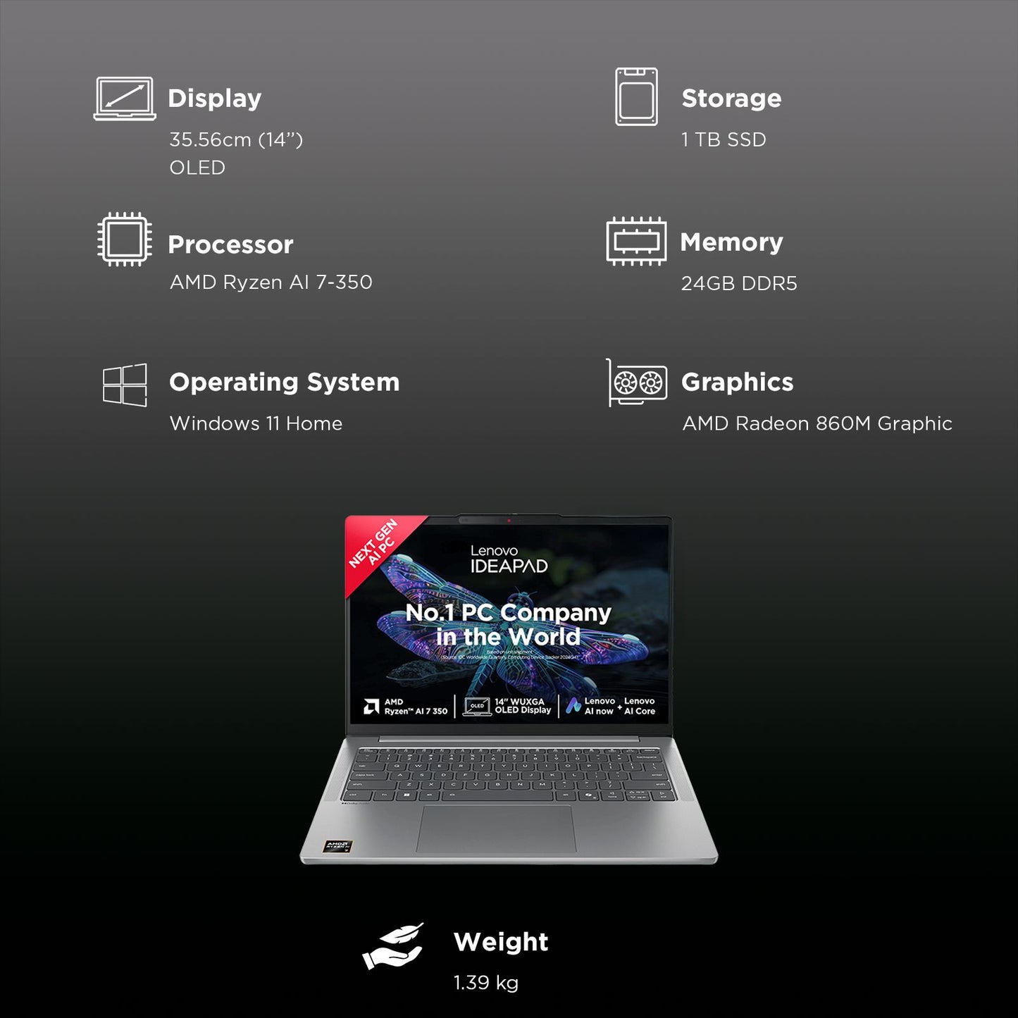 Lenovo IdeaPad Slim 5 14AKP10 AMD Ryzen AI 7 Thin & Light Laptop (24GB, 1TB SSD, Windows 11 Home, 14 inch WUXGA OLED Display, MS Office Home 2024, Luna Grey, 1.39 KG)