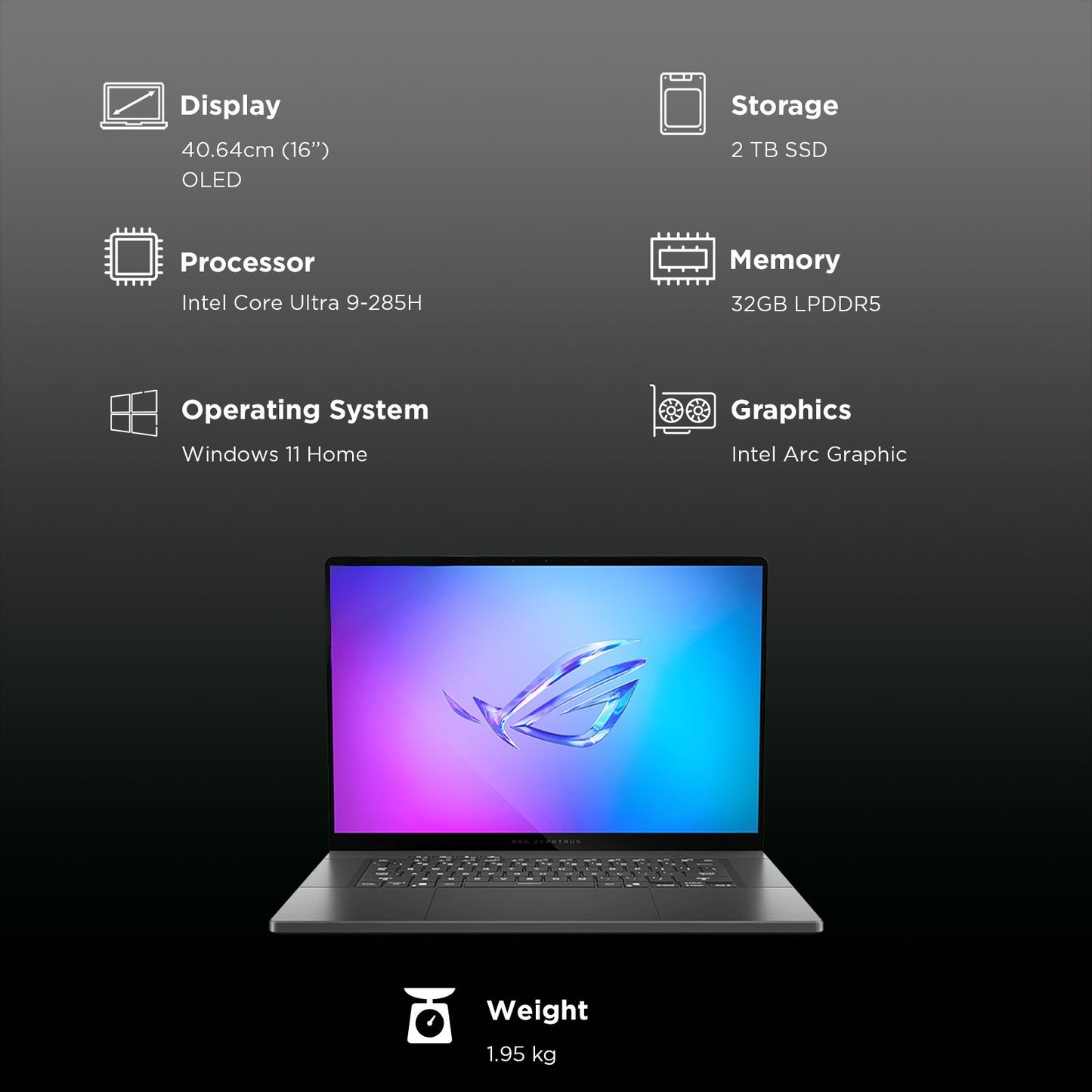 ASUS ROG Zephyrus G16 GU605CW-QR133WS Intel Core Ultra 9 Gaming Laptop (32GB, 2TB SSD, Windows 11 Home, 16GB Graphics, 16 inch 240Hz 2.5K OLED WQXGA Display, NVIDIA GeForce RTX 5080, MS Office Home 2024, Eclipse Gray, 1.95 KG)