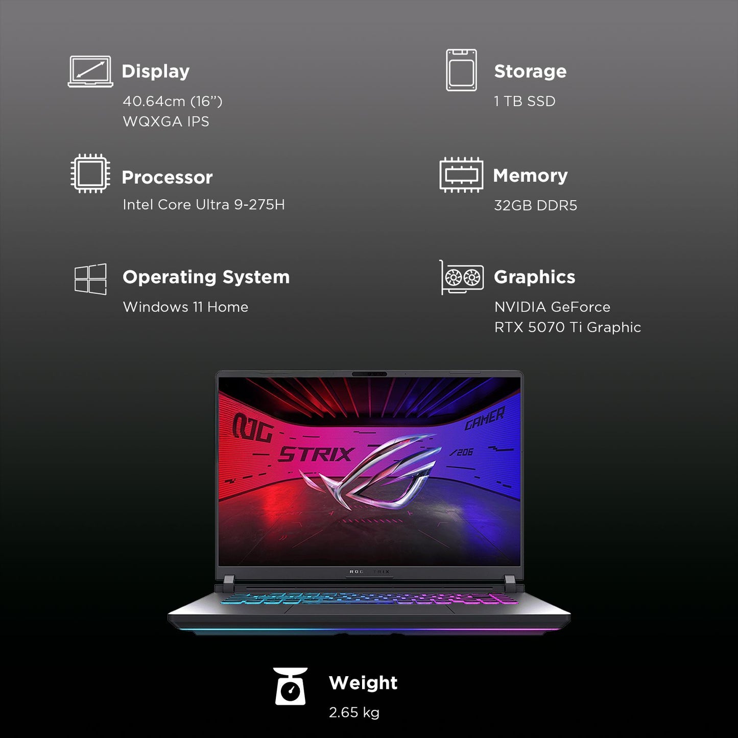 ASUS ROG Strix G16 G615LR-S5190WS Intel Core Ultra 9 Gaming Laptop (32GB, 1TB SSD, Windows 11 Home, 12GB Graphics, 16 inch 240 Hz 2.5K WQXGA Display, NVIDIA GeForce RTX 5070Ti, MS Office Home 2024, Eclipse Gray, 2.65 KG)