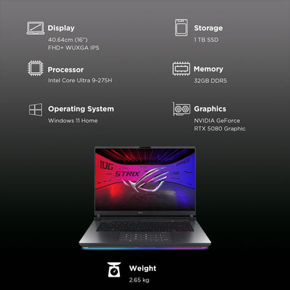 ASUS ROG Strix G16 G615LW-RV148WS Intel Core Ultra 9 Gaming Laptop (32GB, 1TB SSD, Windows 11 Home, 16GB Graphics, 16 inch 165 Hz Full HD Plus WUXGA Display, NVIDIA GeForce RTX 5080, MS Office Home 2024, Eclipse Gray, 2.65 KG)