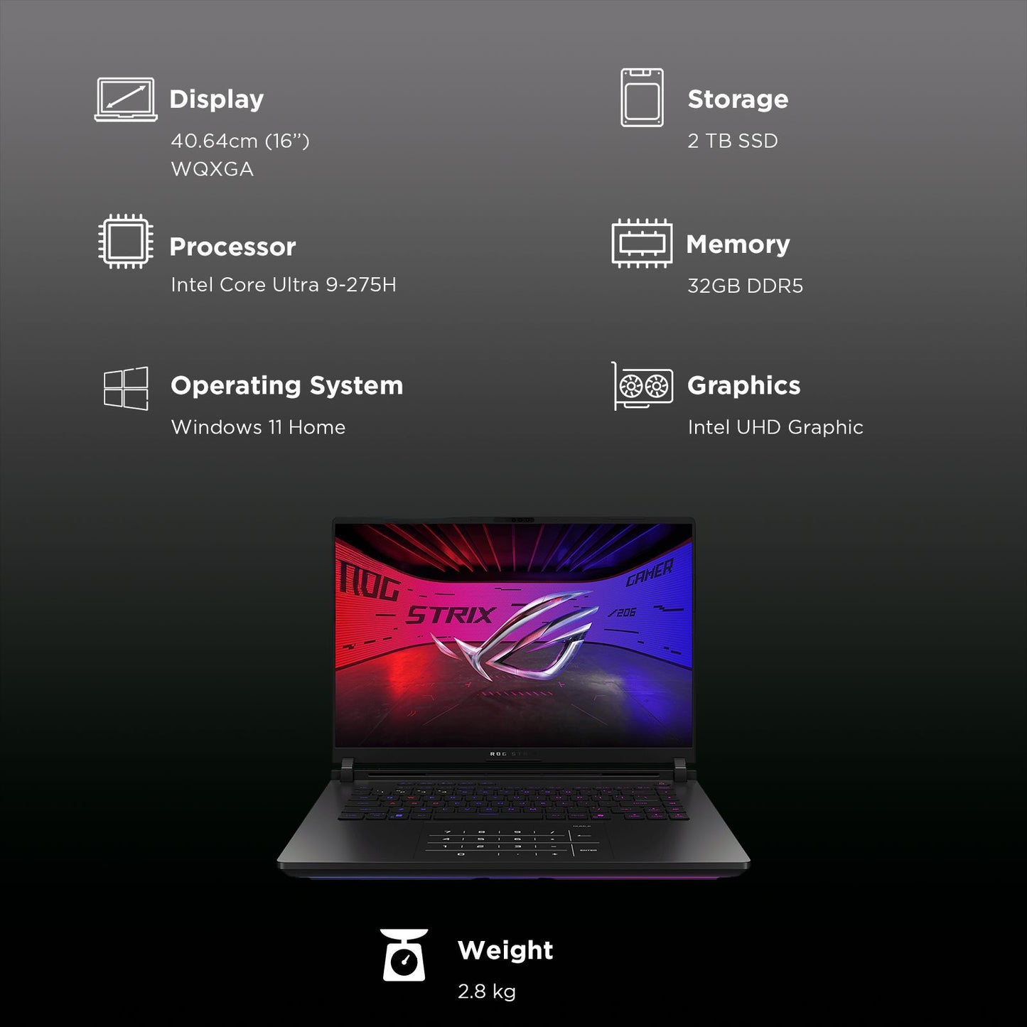 ASUS ROG Strix SCAR 16 G635LW-RW157WS Intel Core Ultra 9 Gaming Laptop (32GB, 2TB SSD, Windows 11 Home, 16GB Graphics, 16 inch 240 Hz 2.5K WQXGA Mini LED Display, NVIDIA GeForce RTX 5080, MS Office Home 2024, Off Black, 2.8 KG)