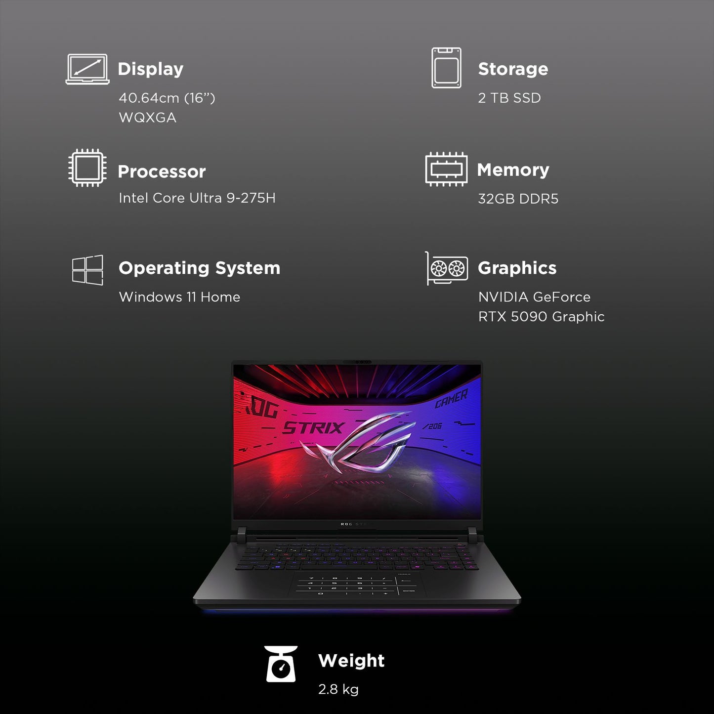 ASUS ROG Strix SCAR 16 G635LX-RW158WS Intel Core Ultra 9 Gaming Laptop (32GB, 2TB SSD, Windows 11 Home, 24GB Graphics, 16 inch 240 Hz 2.5K WQXGA Mini LED Display, NVIDIA GeForce RTX 5090, MS Office Home 2024, Off Black, 2.8 KG)