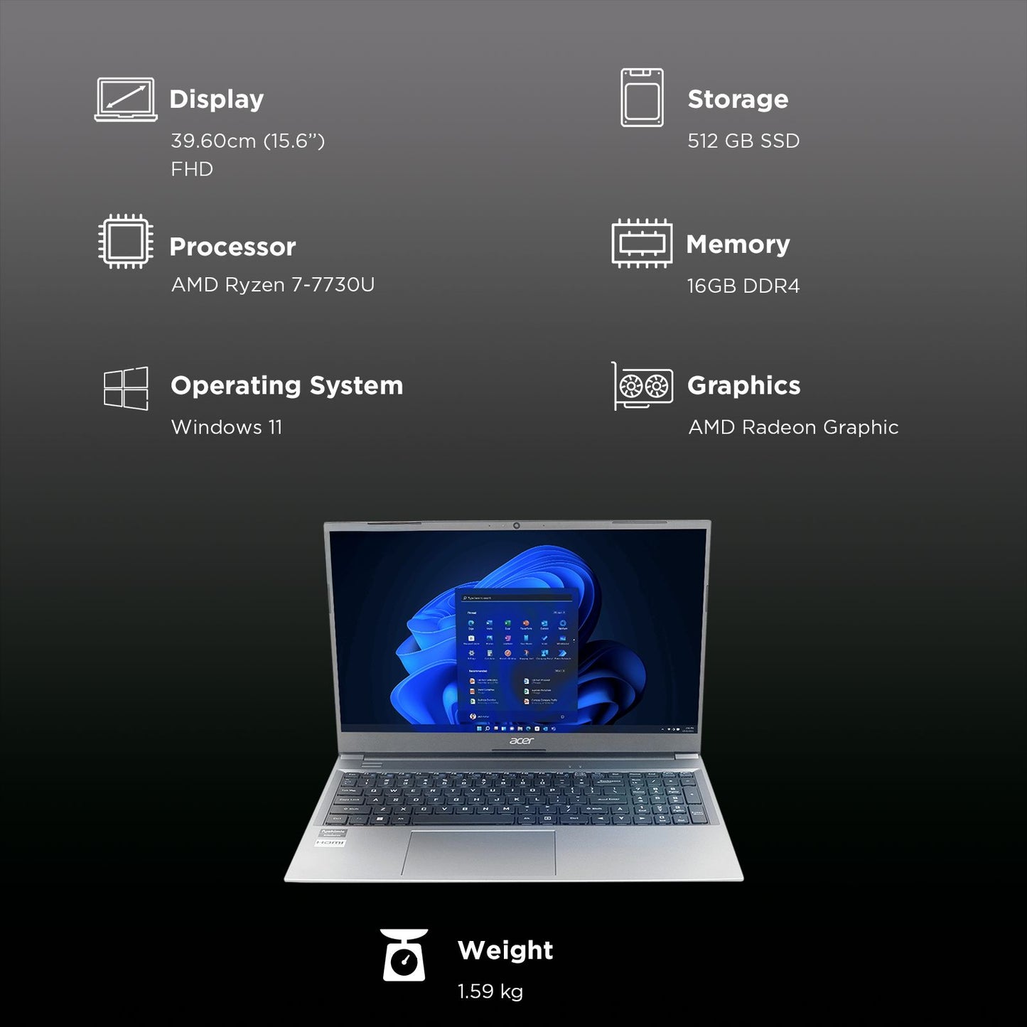 acer Aspire Lite AMD Ryzen 7 Laptop (16GB, 512GB SSD, Windows 11, 15.6 inch Full HD Display, MS Office, Steel Gray, 1.59 KG)