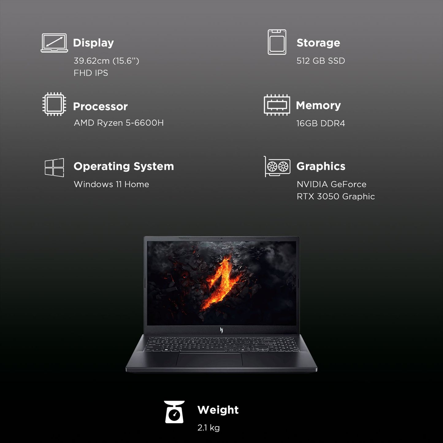 acer Nitro V15 AMD Ryzen 5 Gaming Laptop (16GB, 512GB SSD, Windows 11 Home, 6GB Graphics, 15.6 Inch 165 Hz Full HD IPS Display, NVIDIA GeForce RTX 3050, MS Office, Obsidian Black, 2.10 KG)
