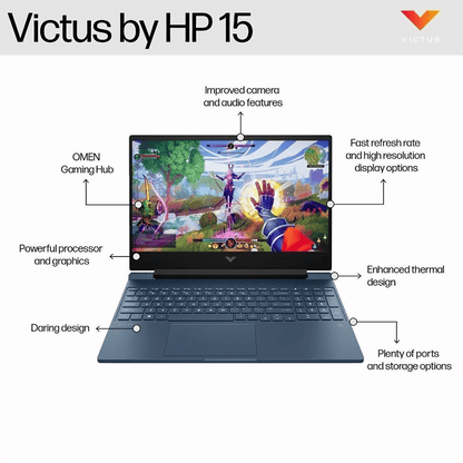 HP Victus 15-fb3004AX AMD Ryzen 5 Gaming Laptop (16GB, 512GB SSD, Windows 11 Home, 4GB Graphics, 15.6 inch 144 Hz Full HD IPS Display, NVIDIA GeForce RTX 2050, MS Office Home 2024, Performance Blue, 2.29 KG)