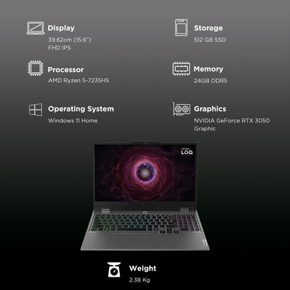 Lenovo LOQ 15ARP9 AMD Ryzen 5 Gaming Laptop (24GB, 512GB SSD, Windows 11 Home, 6GB Graphics, 15.6 inch 144 Hz Full HD IPS Display, NVIDIA GeForce RTX 3050, MS Office Home 2024, Luna Grey, 2.38 KG)