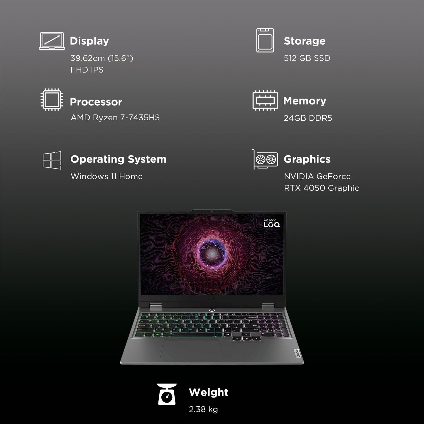 Lenovo LOQ 15ARP9 AMD Ryzen 7 Gaming Laptop (24GB, 512GB SSD, Windows 11 Home, 6GB Graphics, 15.6 inch 144 Hz Full HD IPS Display, NVIDIA GeForce RTX 4050, MS Office Home 2024, Luna Grey, 2.38 KG)
