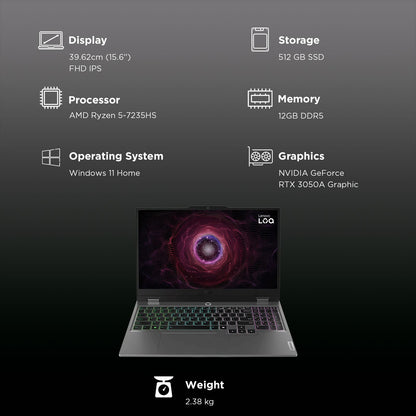 Lenovo LOQ 15ARP9 AMD Ryzen 5 Gaming Laptop (12GB, 512GB SSD, Windows 11 Home, 4GB Graphics, 15.6 inch 144 Hz Full HD IPS Display, NVIDIA GeForce RTX 3050A, MS Office Home 2024, Luna Grey, 2.38 KG)