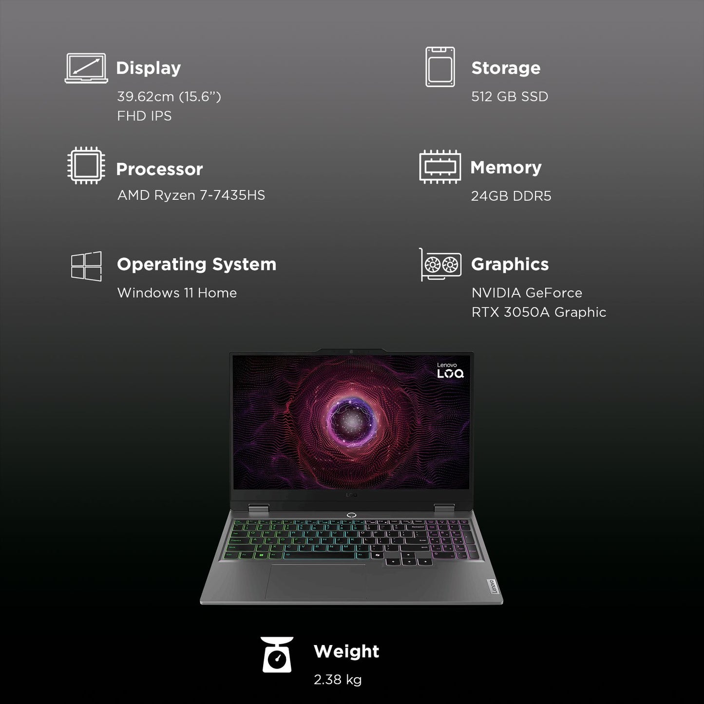 Lenovo LOQ 15ARP9 AMD Ryzen 7 Gaming Laptop (24GB, 512GB SSD, Windows 11 Home, 4GB Graphics, 15.6 inch 144 Hz Full HD IPS Display, NVIDIA GeForce RTX 3050A, MS Office Home 2024, Luna Grey, 2.38 KG)