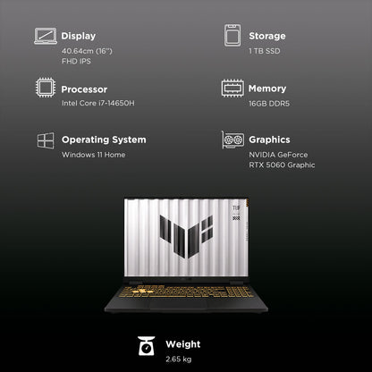 ASUS TUF F16 FX608JMR-RV049WS Intel Core i7 14th Generation Gaming Laptop (16GB, 1TB SSD, Windows 11 Home, 8GB Graphics, 16 inch 165 Hz Full HD IPS Display, NVIDIA GeForce RTX 5060, MS Office Home 2024, Jaeger Gray, 2.20 KG)