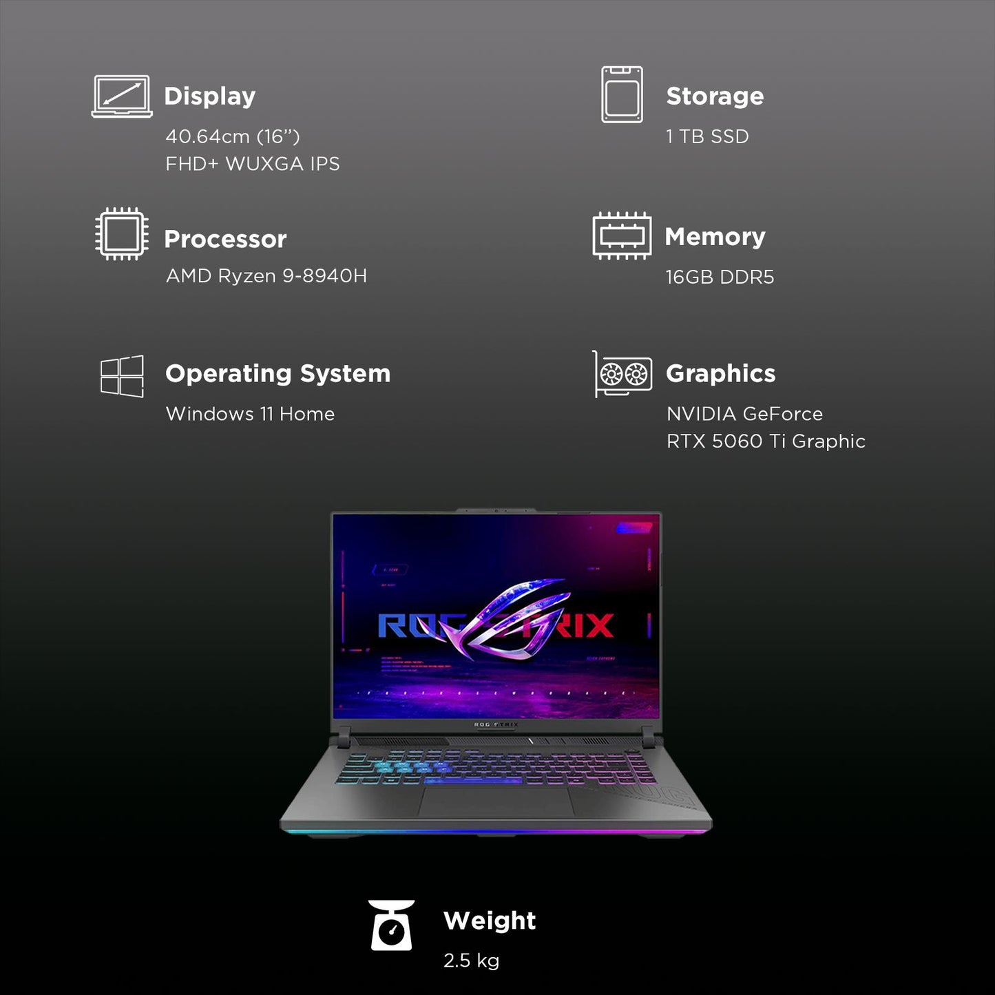 ASUS ROG Strix G16 G614PR-RV032WS AMD Ryzen 9 Gaming Laptop (16GB, 1TB SSD, Windows 11 Home, 12GB Graphics, 16 inch 165 Hz Full HD+ WUXGA IPS Display, NVIDIA GeForce RTX 5070 Ti, MS Office Home 2024, Eclipse Gray, 2.50 KG)