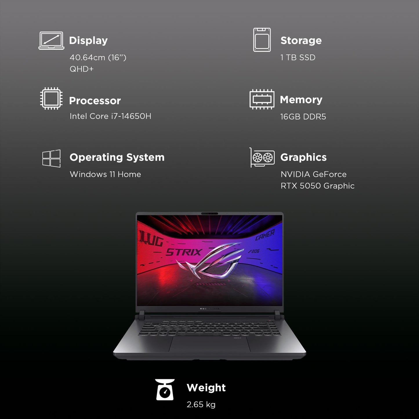 ASUS ROG Strix G16 G615JHR-S5005WS Intel Core i7 14th Gen Gaming Laptop (16GB, 1TB SSD, Windows 11 Home, 8GB Graphics, 16 inch 240 Hz 2.5K WQXGA Display, NVIDIA GeForce RTX 5050, MS Office Home 2024, Eclipse Gray, 2.65 KG)