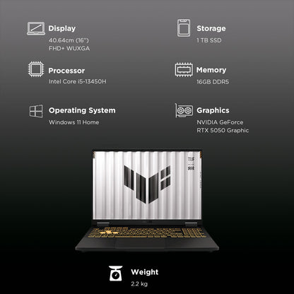 ASUS TUF F16 FX608JH-RV057WS Intel Core i5 13th Gen Gaming Laptop (16GB, 1TB SSD, Windows 11 Home, 8GB Graphics, 16 inch 165 Hz FHD+ WUXGA Display, NVIDIA GeForce RTX 5050, MS Office Home 2024, Jaeger Gray, 2.20 KG)