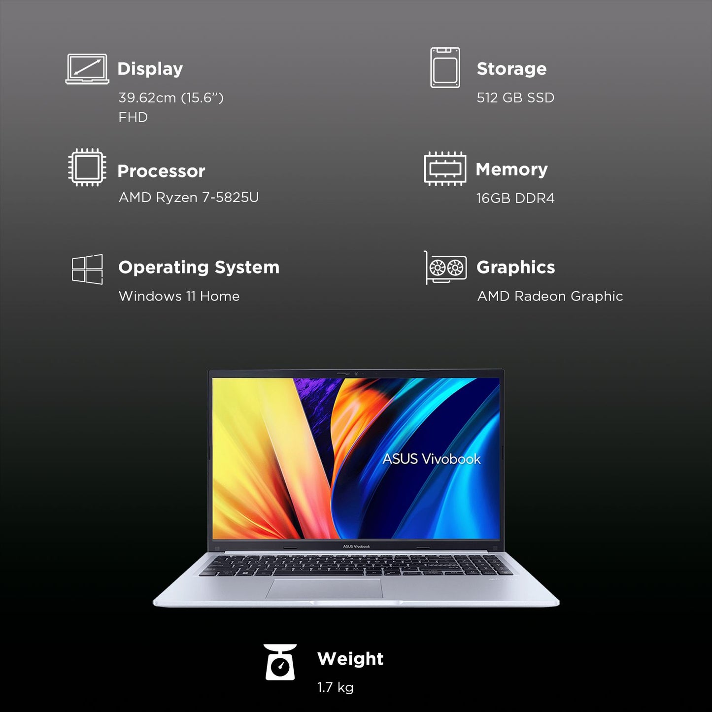 ASUS Vivobook 15 M1502YA-BQ702WS AMD Ryzen 7 Thin & Light Laptop (16GB, 512 GB SSD, Windows 11 Home, 15.6 inch Full HD IPS Display, MS Office Home 2024, Cool SIlver, 1.70 KG)