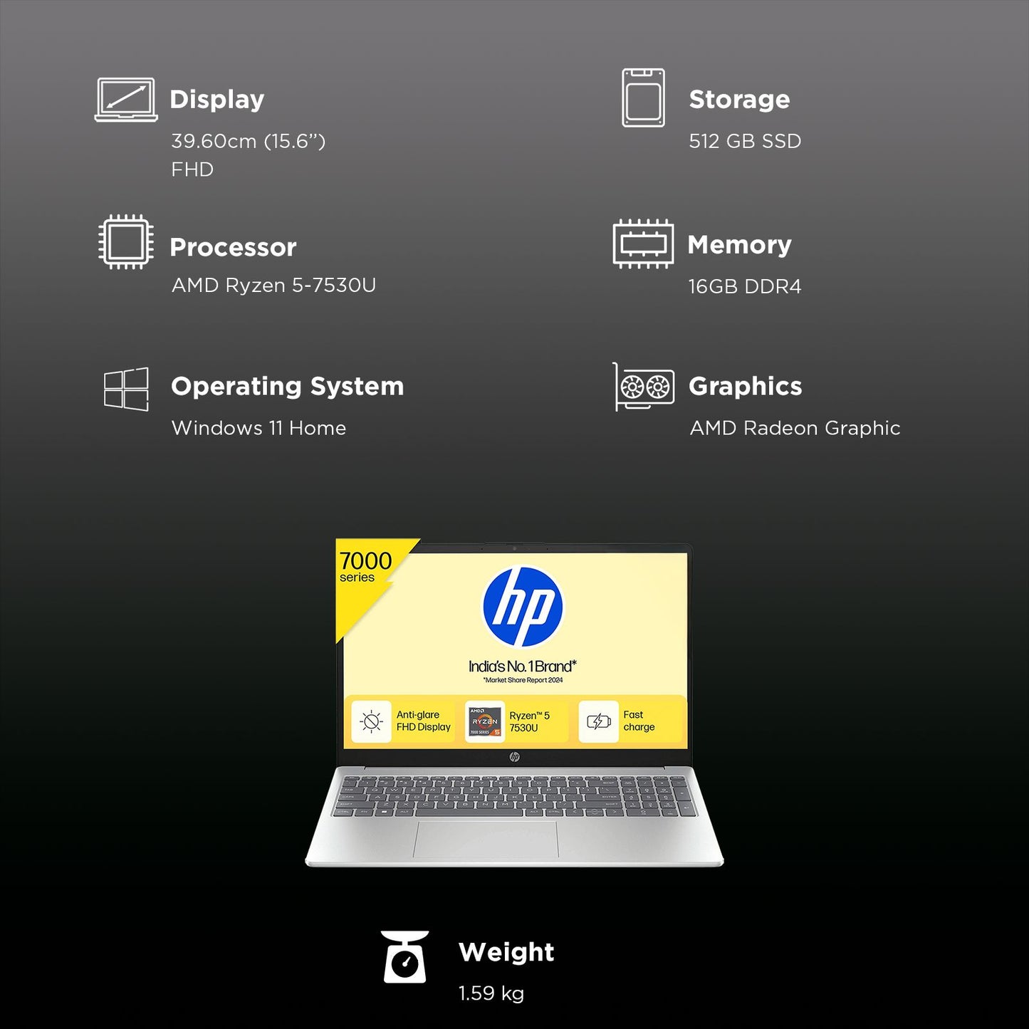 HP 15-fc0389AU AMD Ryzen 5 Thin & Light Laptop (16GB, 512GB SSD, Windows 11 Home, 15.6 inch Full HD Display, Natural Silver, 1.59 KG)