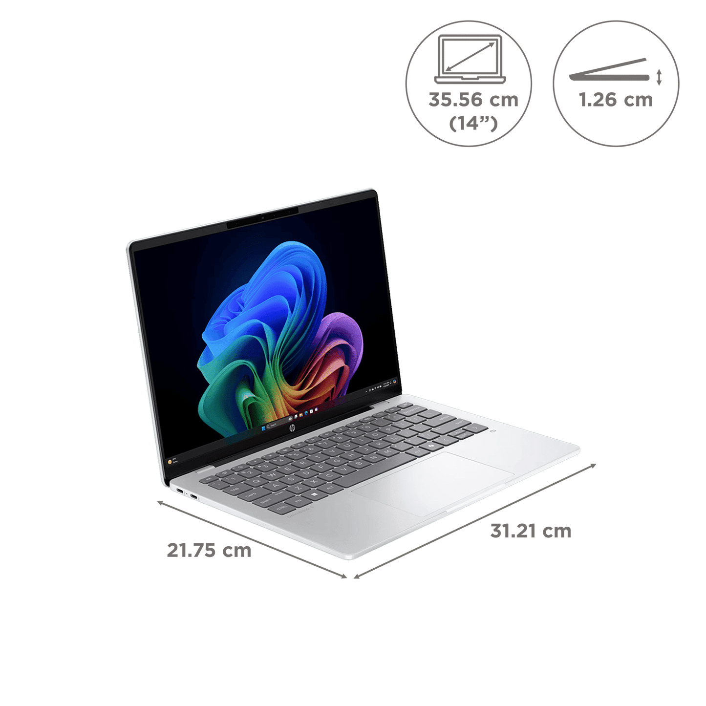 HP OmniBook 5 14-he0014QU Qualcomm Snapdragon X Thin & Light Laptop (16GB, 512GB SSD, Windows 11 Home, 14 inch 2K OLED Display, MS Office Home 2024, Glacier Silver, 1.35 KG)