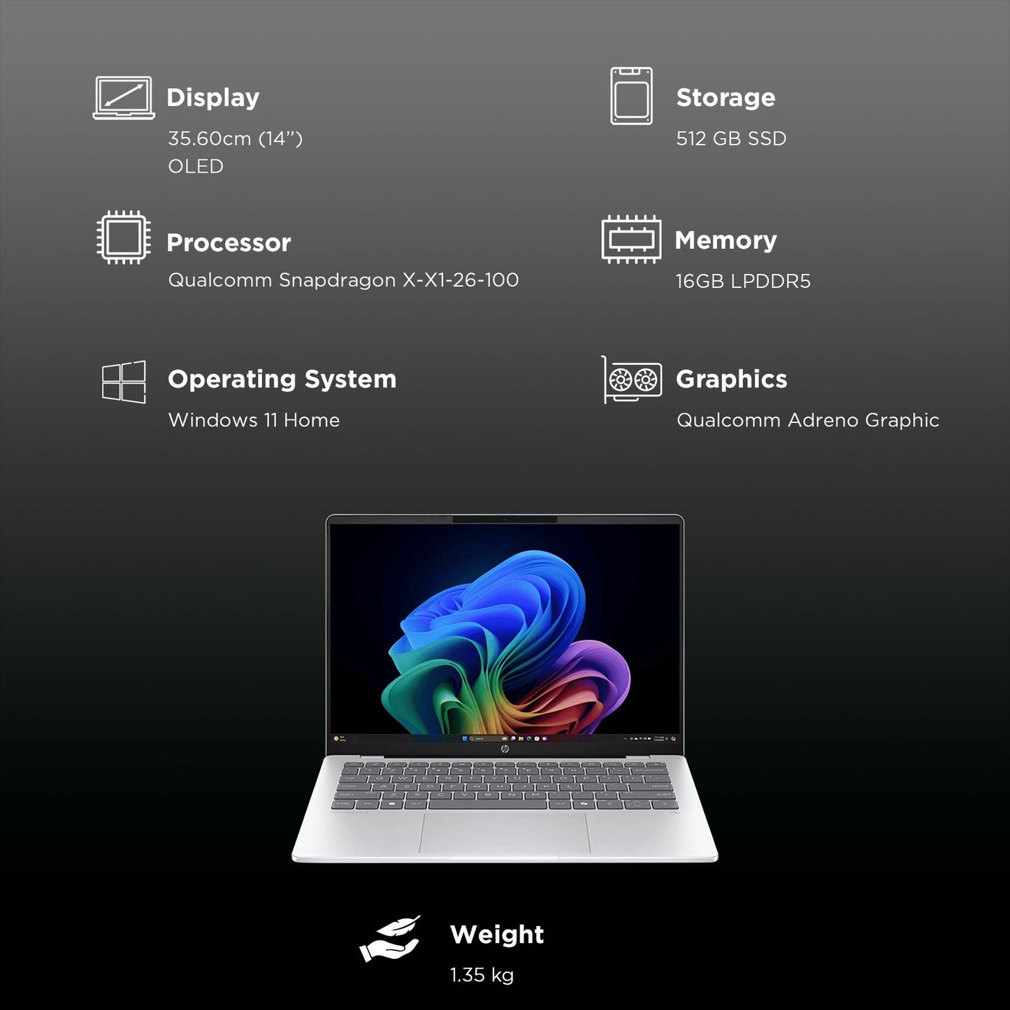HP OmniBook 5 14-he0014QU Qualcomm Snapdragon X Thin & Light Laptop (16GB, 512GB SSD, Windows 11 Home, 14 inch 2K OLED Display, MS Office Home 2024, Glacier Silver, 1.35 KG)