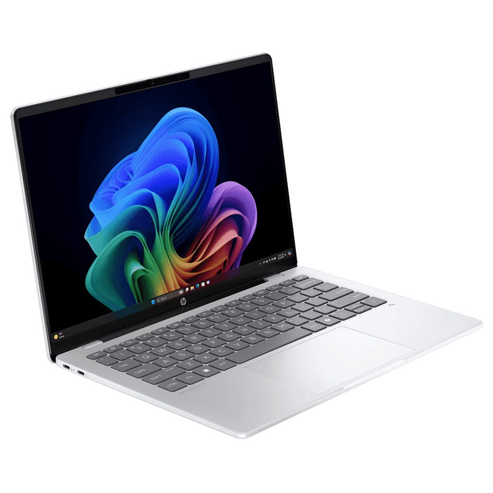HP OmniBook 5 14-he0014QU Qualcomm Snapdragon X Thin & Light Laptop (16GB, 512GB SSD, Windows 11 Home, 14 inch 2K OLED Display, MS Office Home 2024, Glacier Silver, 1.35 KG)