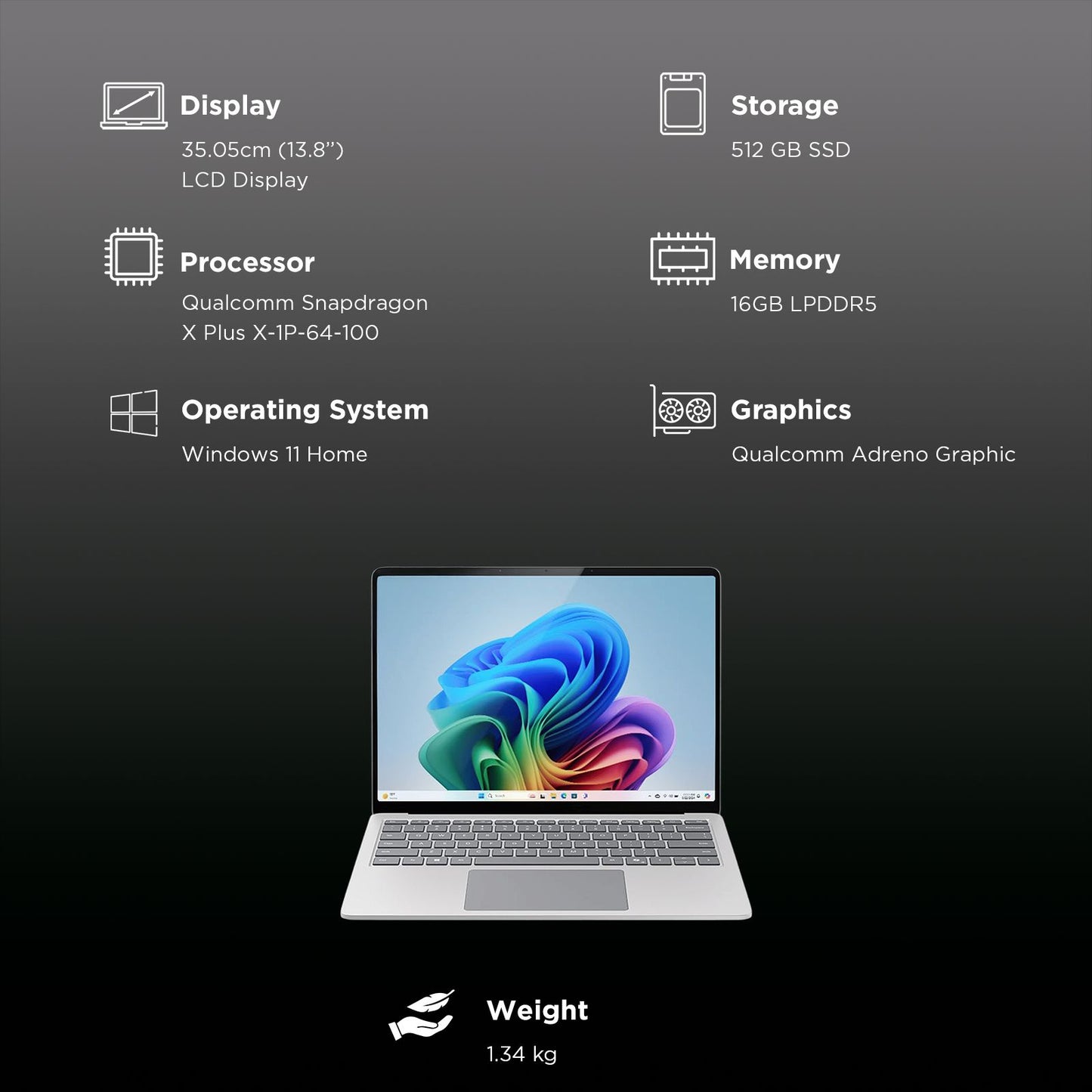 Microsoft Surface 7th Edition Snapdragon X Plus Touchscreen Ultra Thin Laptop (16GB, 512GB SSD, Windows 11 Home, 13.8 inch LCD Display, Platinum, 1.34 KG)