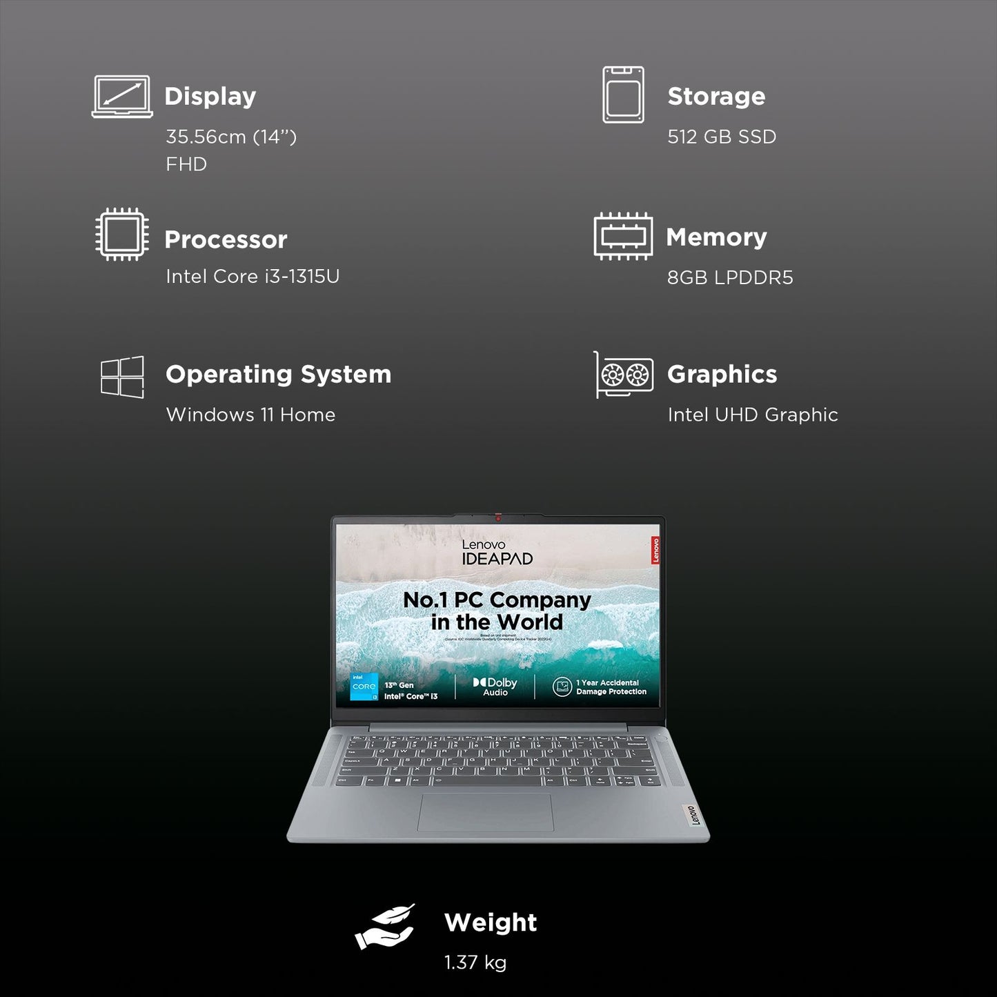 Lenovo IdeaPad Slim 3 14IRU8 Intel Core i3 13th Gen Thin & Light Laptop (8GB, 512GB SSD, Windows 11 Home, 14 inch Full HD Display, MS Office Home 2024, Arctic Grey, 1.37 KG)