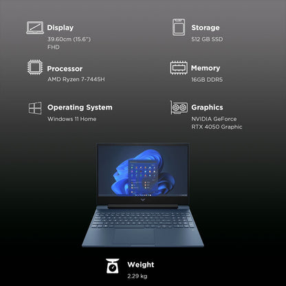 HP Victus 15-fb3124AX AMD Ryzen 7 Gaming Laptop (16GB, 512GB SSD, Windows 11 Home, 6GB Graphics, 15.6 inch 144 Hz Full HD Display, NVIDIA GeForce RTX 4050, MS Office Home 2024, Performance Blue, 2.29 KG)