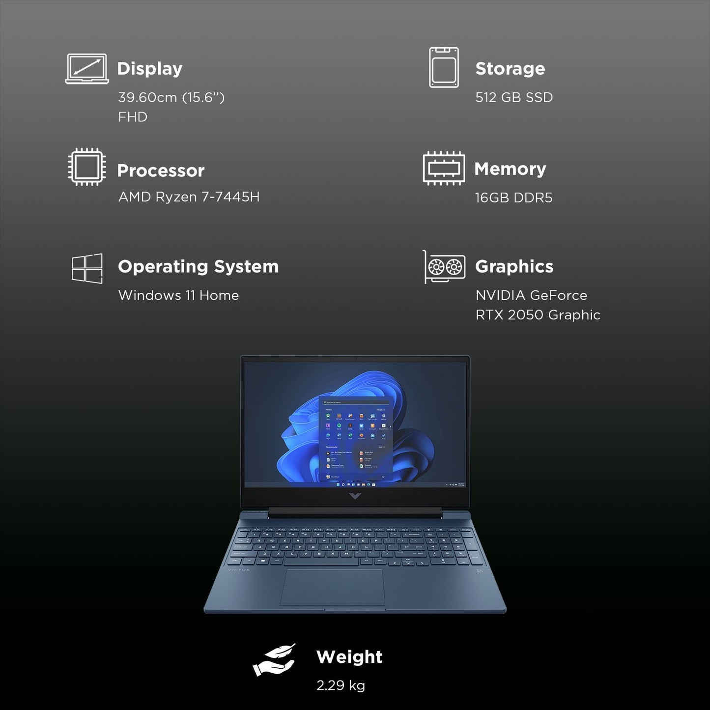 HP Victus 15-fb3123AX AMD Ryzen 7 Gaming Laptop (16GB, 512GB SSD, Windows 11 Home, 4GB Graphics, 15.6 inch 144 Hz Full HD Display, NVIDIA GeForce RTX 2050, MS Office Home 2024, Mica SIlver, 2.29 KG)