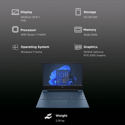 HP Victus 15-fb3123AX AMD Ryzen 7 Gaming Laptop (16GB, 512GB SSD, Windows 11 Home, 4GB Graphics, 15.6 inch 144 Hz Full HD Display, NVIDIA GeForce RTX 2050, MS Office Home 2024, Mica SIlver, 2.29 KG)