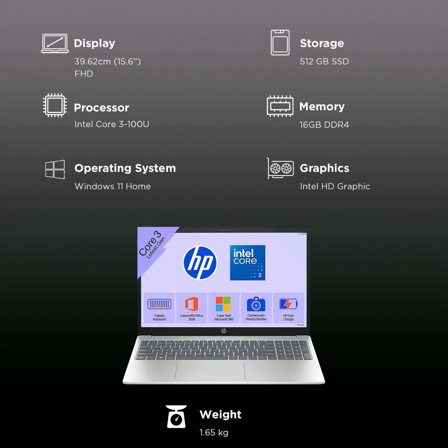 HP 15-fd1284TU Intel Core 3 Thin & Light Laptop (16GB, 512GB SSD, Windows 11 Home, 15.6 inch Full HD Display, Natural Silver, 1.65 KG)
