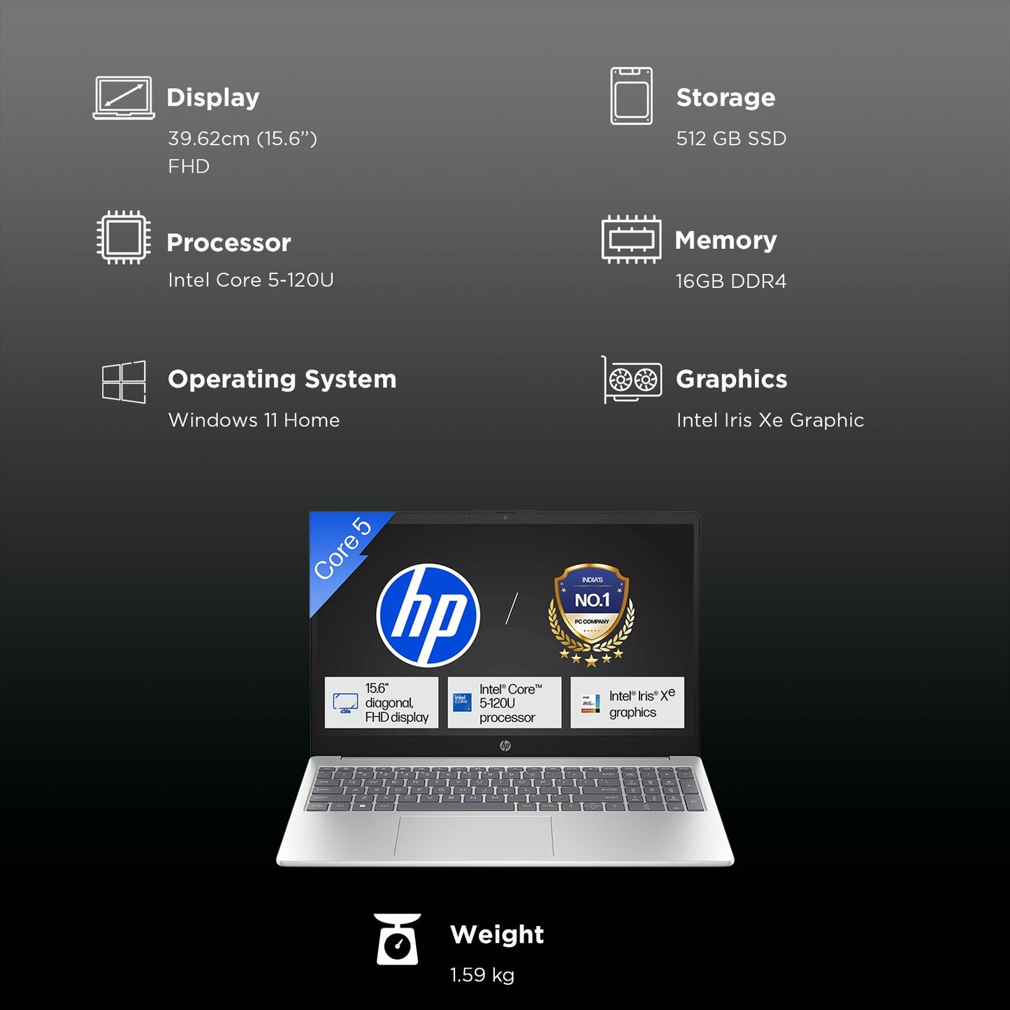 HP 15-fd0664TU Intel Core 5 Thin & Light Laptop (16GB, 512GB SSD, Windows 11 Home, 15.6 inch Full HD Display, MS Office Home 2024, Natural Silver, 1.59 KG)