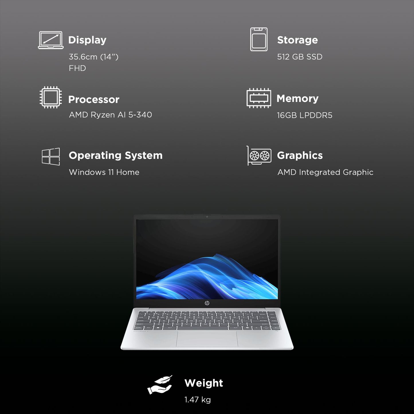 HP OmniBook 3 14-ha0000AU AMD Ryzen AI 5 Thin & Light Laptop (16GB, 512GB SSD, Windows 11 Home, 14 inch Full HD Display, Glacier Silver, 1.47 KG)
