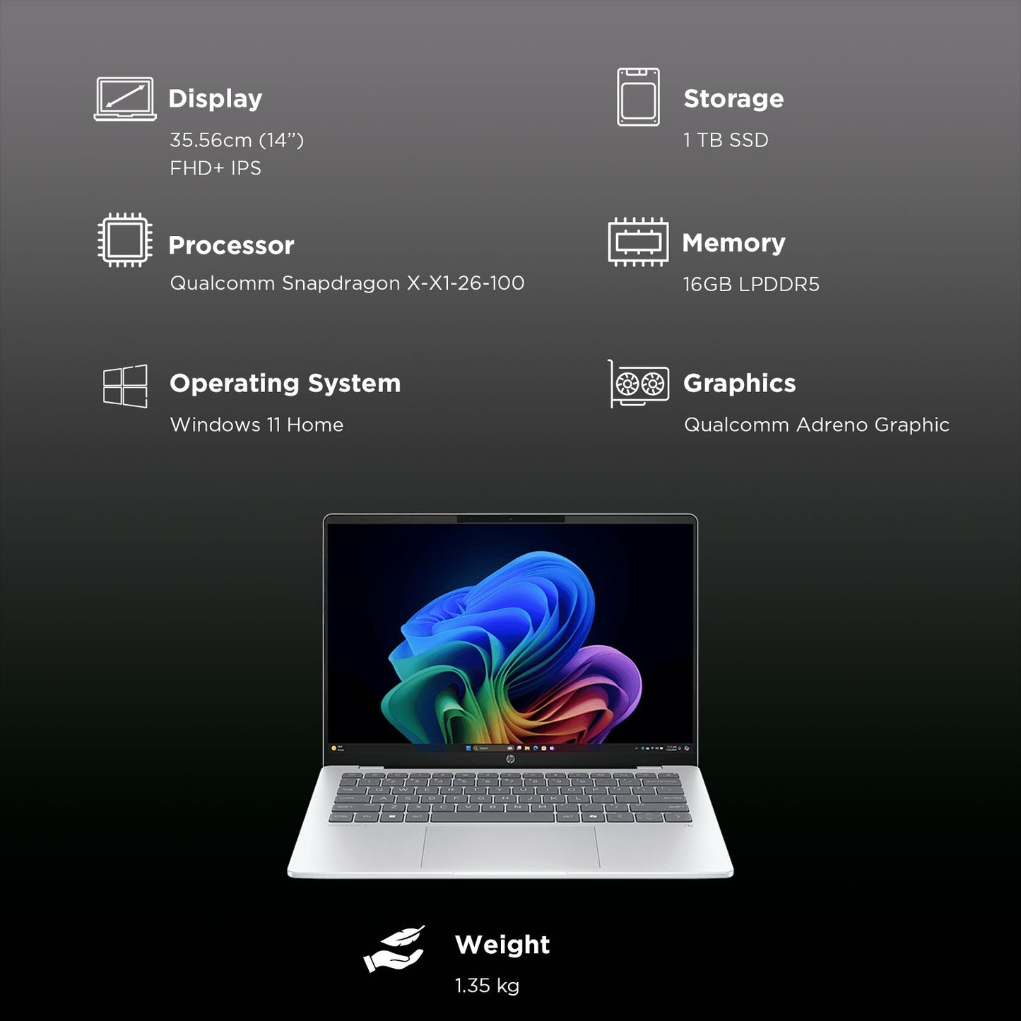 HP OmniBook 5 14-he0015QU Qualcomm Snapdragon X Thing & Light Laptop (16GB, 1TB SSD, Windows 11 Home, 14 inch 2K OLED Display, MS Office Home 2024, Glacier Silver, 1.35 KG)