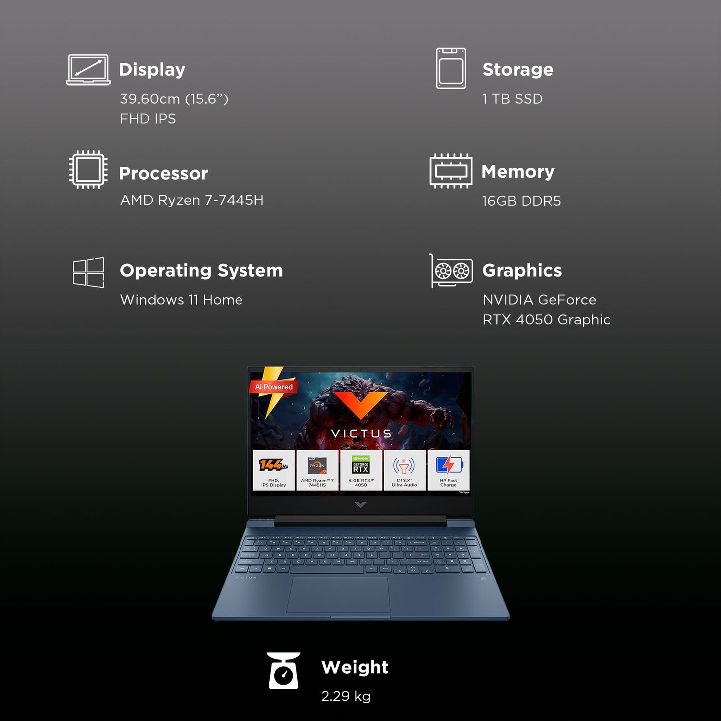HP Victus 15-fb3162AX AMD Ryzen 7 Gaming Laptop (16GB, 1TB SSD, Windows 11 Home, 6GB Graphics, 15.6 inch 144 Hz Full HD IPS Display, NVIDIA GeForce RTX 4050, Performance Blue, 2.29 KG)