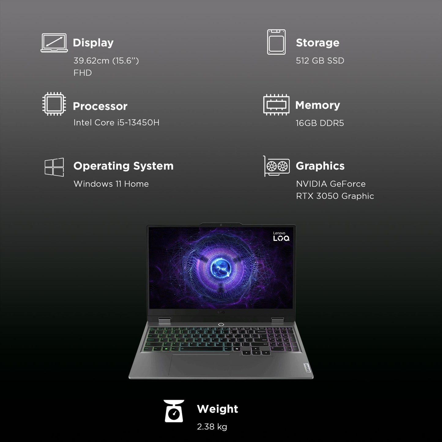 Lenovo LOQ 15IRX9 Intel Core i5 13th Generation Gaming Laptop (16GB, 512GB SSD, Windows 11 Home, 6GB Graphics, 15.6 Inch 144 Hz Full HD IPS Display , NVIDIA GeForce RTX 3050, MS Office Home 2024, Luna Grey, 2.38 KG