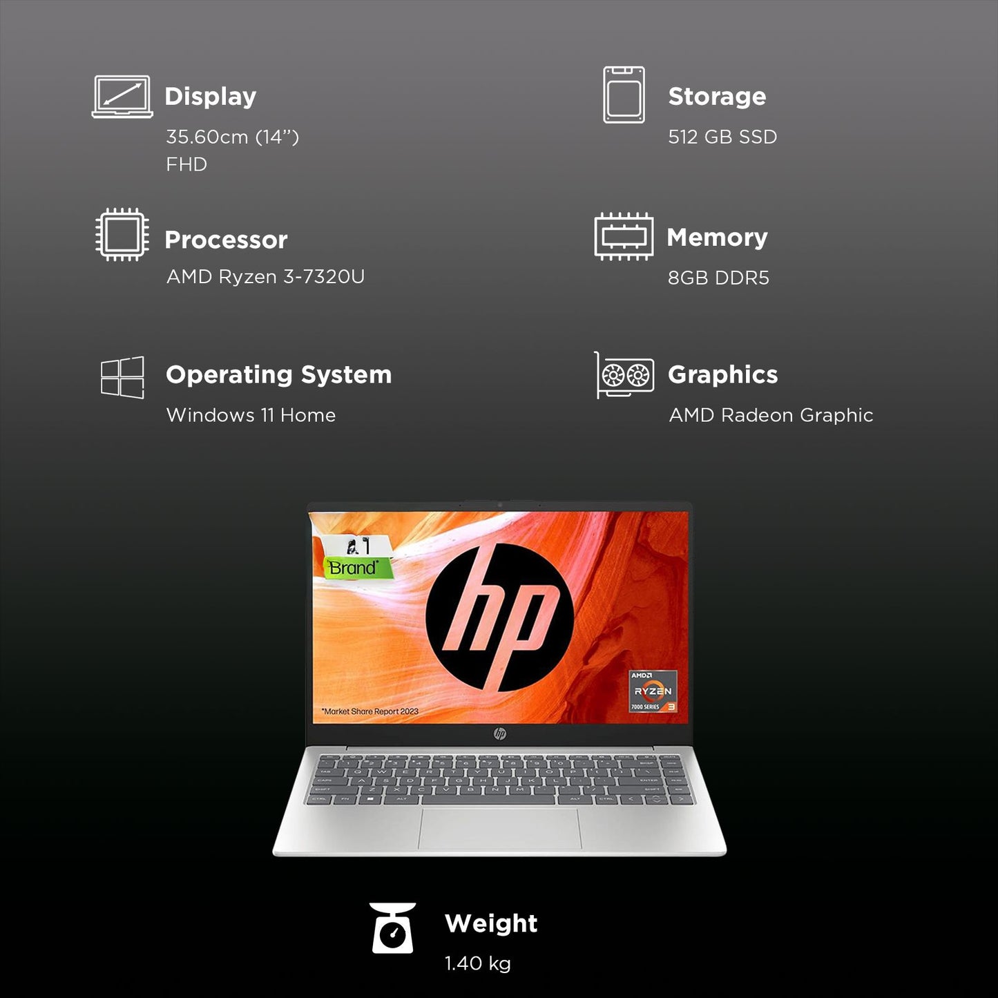 HP 14-em0243AU AMD Ryzen 3 Thin & Light Laptop (8GB, 512GB SSD, Windows 11 Home, 14 inch Full HD Display, Natural Silver, 1.40 KG)