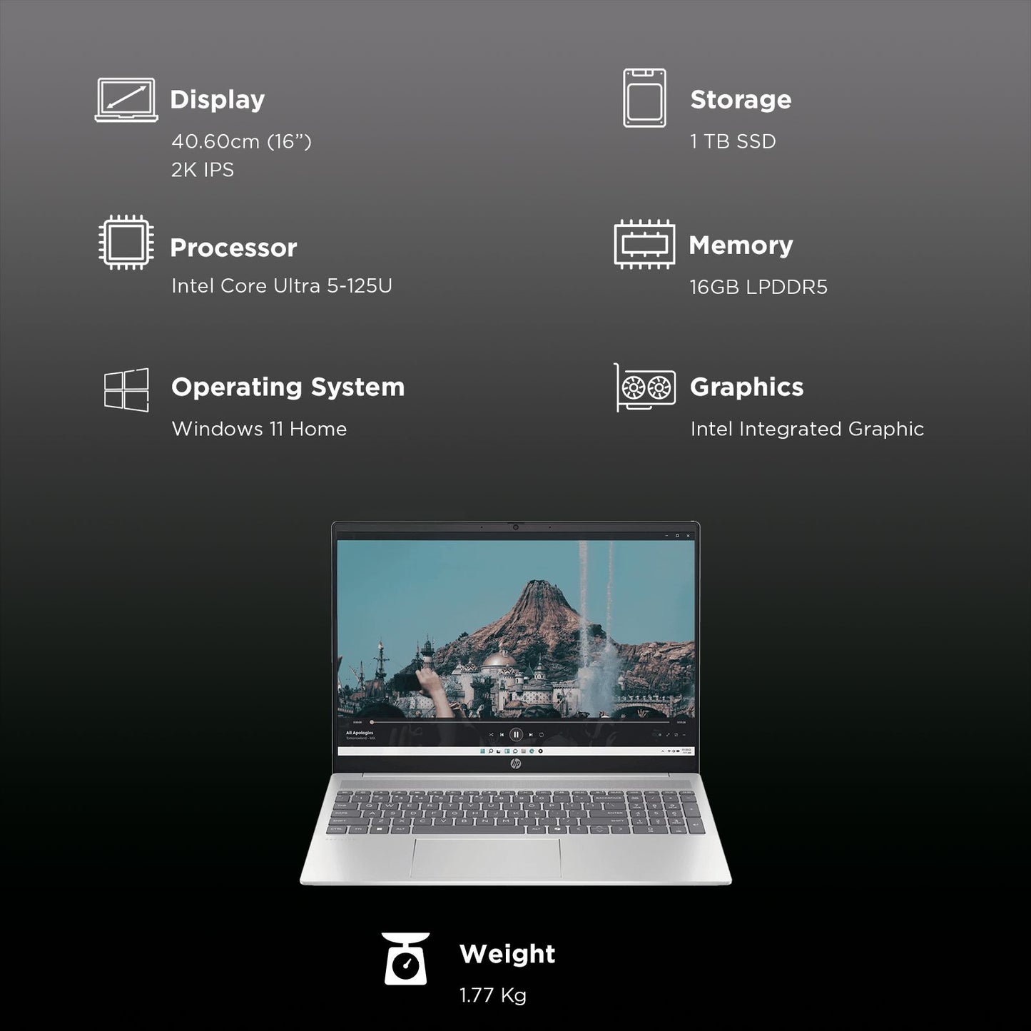 HP Pavilion 16-af0069TU Intel Core Ultra 5 Thin & Light Laptop (16GB, 1TB SSD, Windows 11 Home, 16 inch 2K IPS Display, Natural Silver, 1.77 KG)